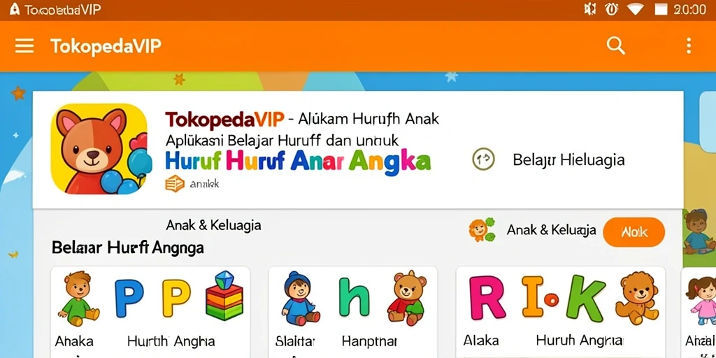 Tampilan antarmuka aplikasi TOKOPEDIAVIP untuk belajar huruf dan angka.